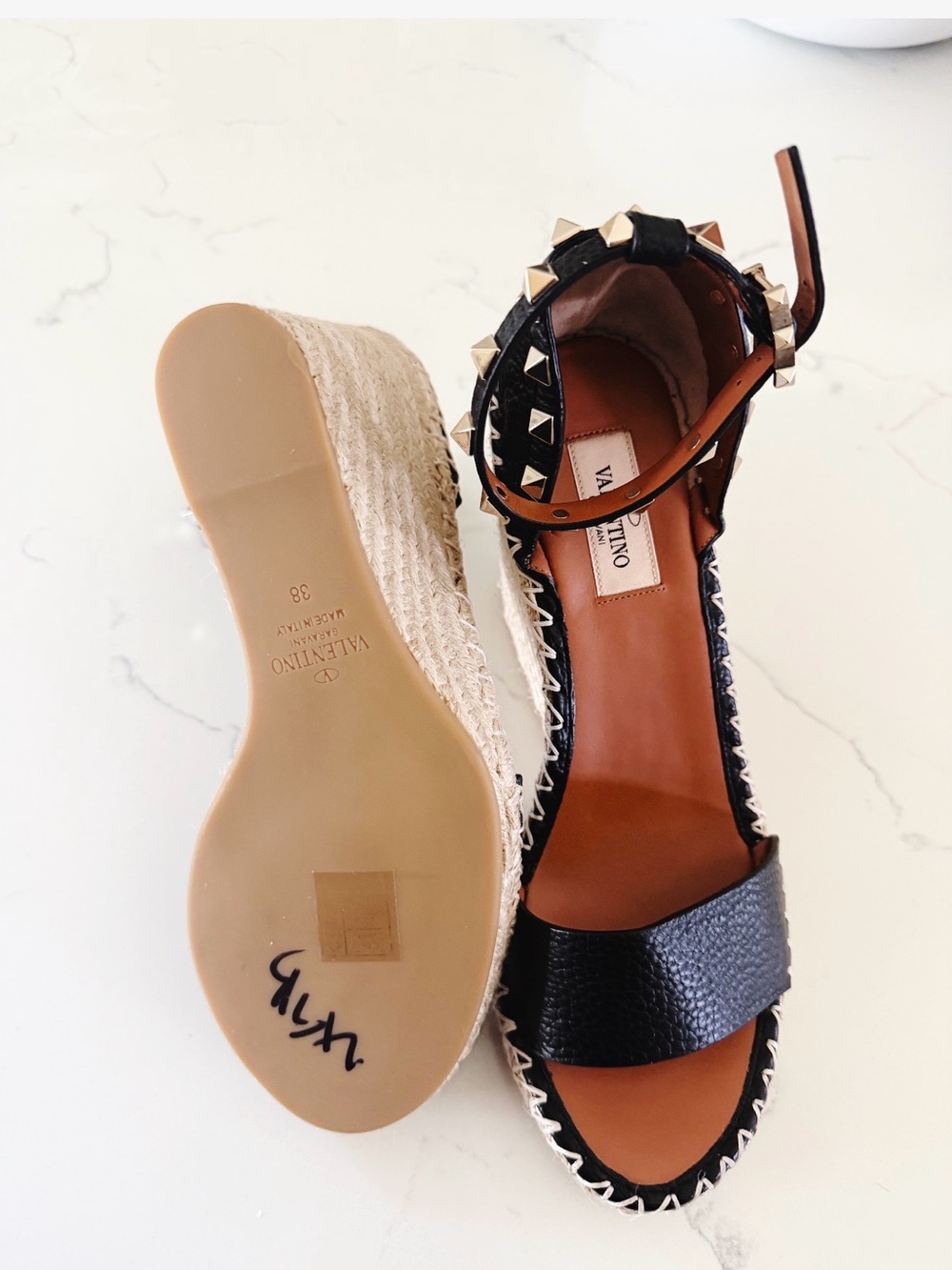 Valentino Garavani Black Leather Studded Espadrille Wedge Sandals - Picture 7 of 8
